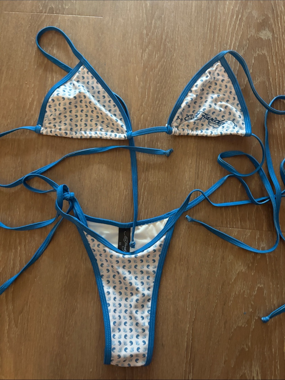 Ed Hardy White Triangle Bikini with Blue Trim